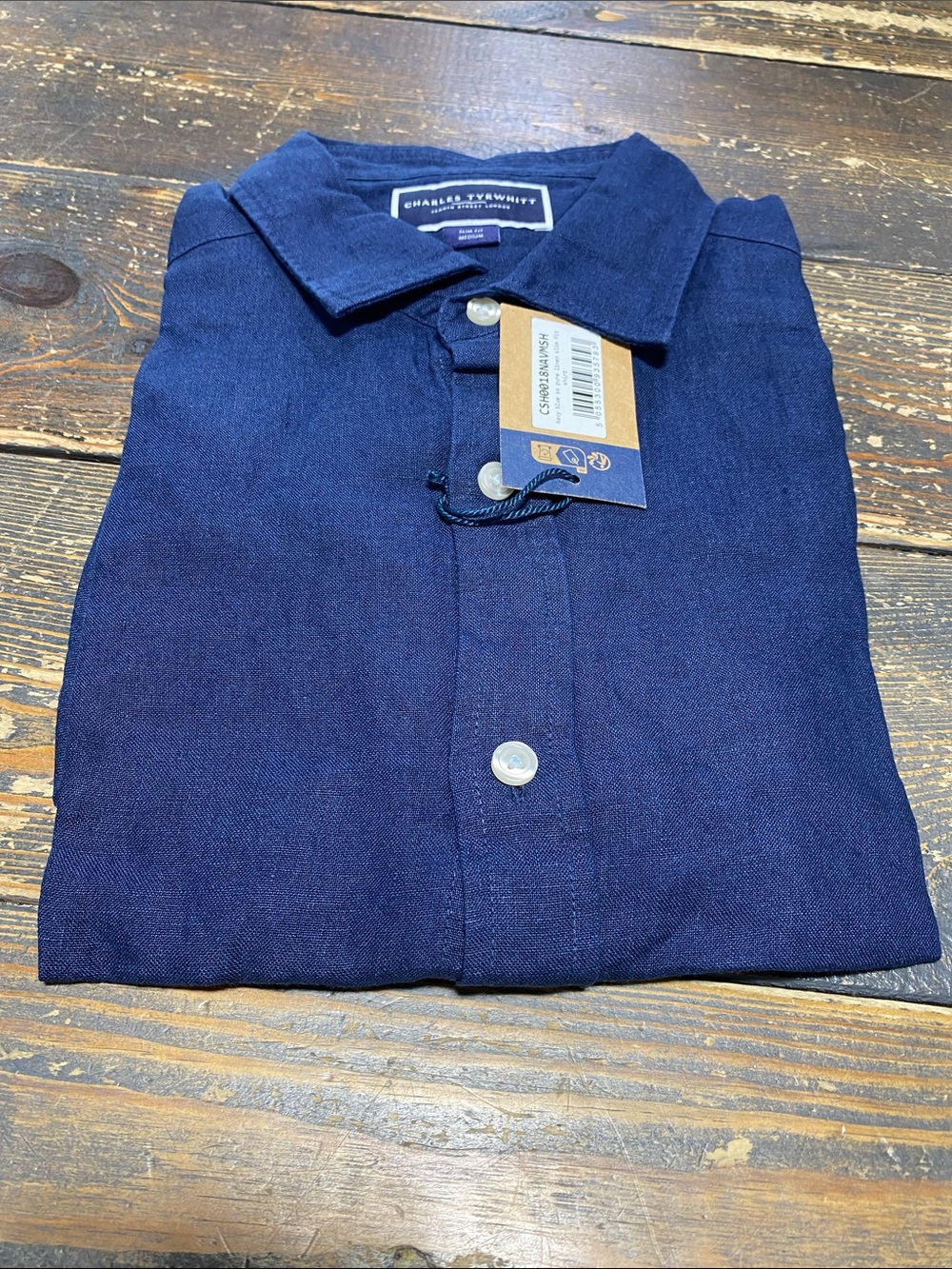 Charles Tyrwhitt Navy blue ss pure linen slim fit shirt - M - Picture 3 of 7